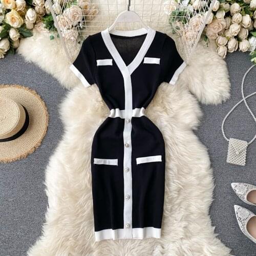 New Fashion Style Elegant V Neck Buttons Ladies Dress Summer Short Sleeve Women Knit Bodycon Dresses Work Wear Office Vestidos