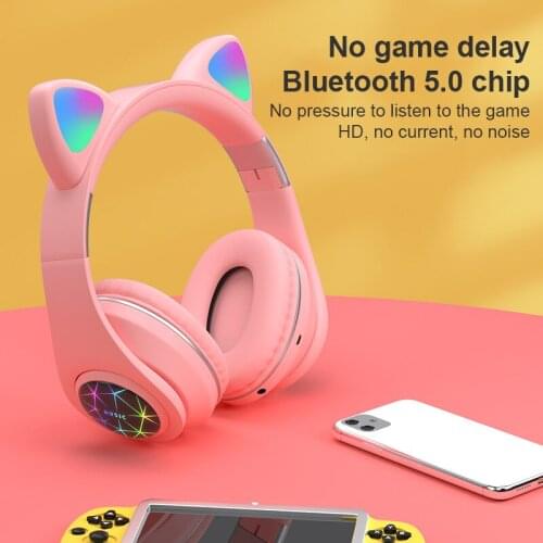 1pcs LED Cat Ear Wireless Headphones Bluetooth 5.0 Noise Cancelling Adults Kids Girl Headset Support TF Card FM Radio With Mic