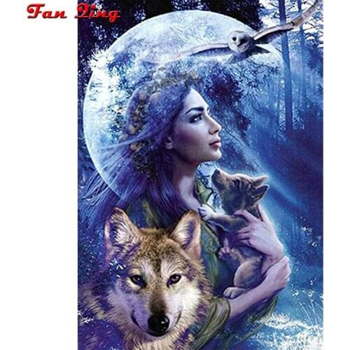 DIY 5D Diamond Embroidery Crystals Diamond Mosaic Picture moon wolf and girl Rhinestones 3d Diamond Painting Cross Stitch Kits