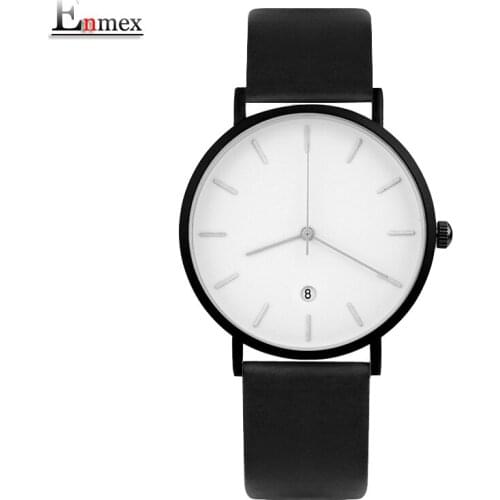 Enmex creative style cool wristwatch cool black charm with calendar casual stylish leather fashion Stylish clock quartz watch