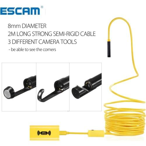ESCAM 2/5/10M WIFI Endoscope Camera HD 1200P 8mm 8 LED Mini Waterproof Hard Cable Inspection Camera Borescope for Iphone PC IOS