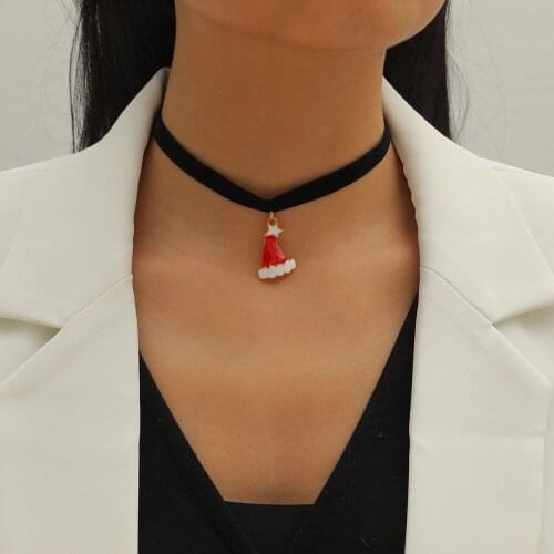 Classic Merry Christmas Gift White Lace Black Velvet Necklace Pendants Lovely Christmas Hat Jewelry For Women and Girl