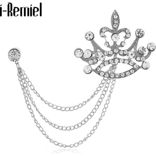 Korean New Rhinestone Crown Brooch Pins Zinc Alloy Tassels Pins Badge Fashion Jewelry for Men Brooches Shirt Collar Accessories