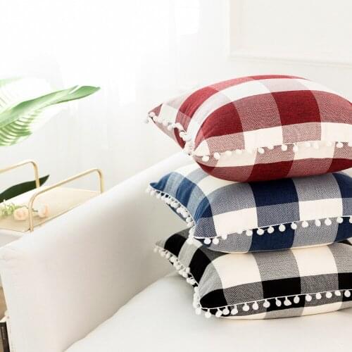 Set of 2 Plaid Check Pillow Cases with White Pompoms Decorative Retro Farmhouse Buffalo Throw Pillow Cover Tassle Cushion Case