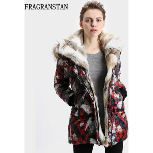 New Fashion Women Winter European Style Really Rabbit Fur Collar Warm Down Jacket Camouflage Thicken High Quality Parkas LY44