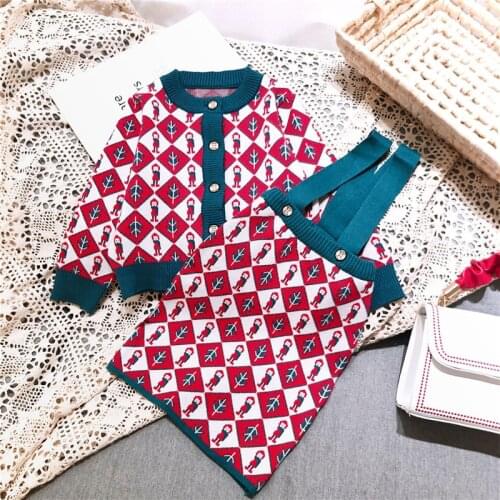 Autumn Kids Clothes Cartoon Embroidery Knit Sweater Cardigan&braces Skirt Fashion Winter Warm Little Girls Clothing Set Outfits