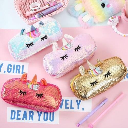 Girl Sequins Unicorn Cartoon Pencil Bags Cute Pencil Case Travel Cosmetic Bag PU Zipper School Supplies Pencil Pouch for Girls