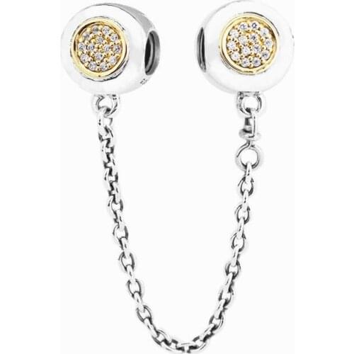 Clear CZ Signature Safety Chain Beads for Charms Bracelets Golden Shine Jewelry 925 Sterling Silver Beads for Jewelry Making