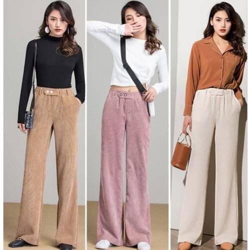 Pink wide leg pants female spring and autumn corduroy pants loose high waist straight pants new trousers streetwear