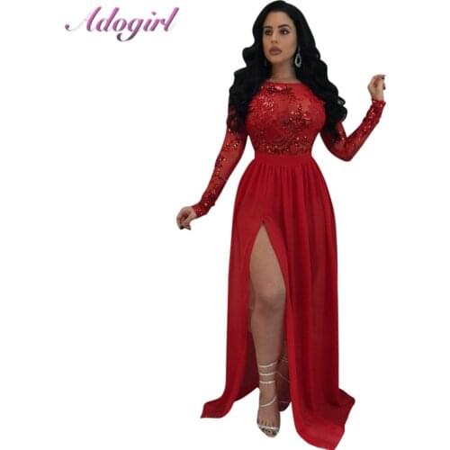 Sexy Sheer Mesh Lace Sequins Evening Party Club Bodycon Long Dress Women Elegant Long Sleeve High Slit Backless Dresses Vestidos