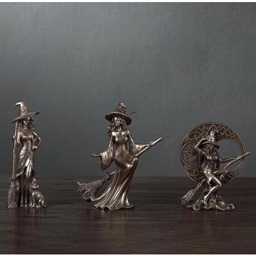 Resin Cast Bronze Western Art Nordic Witch Figurines Novelty Characters Wizard Sculpture Home Office Statue Housewarming