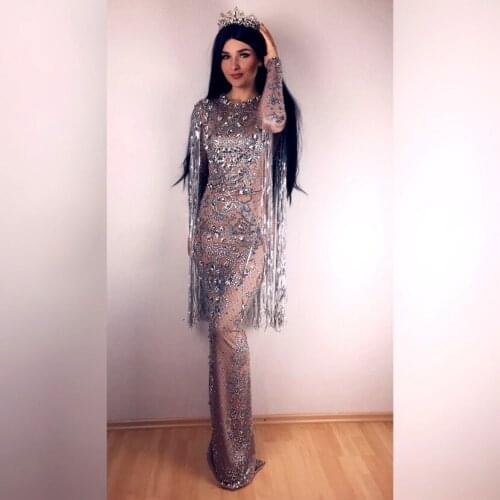 Sparkling Sequin Tassel Rhinestone Evening Bodycon Dress Women Sexy Birthday Party Fringes Crystal Dress Singer Stage Costumes