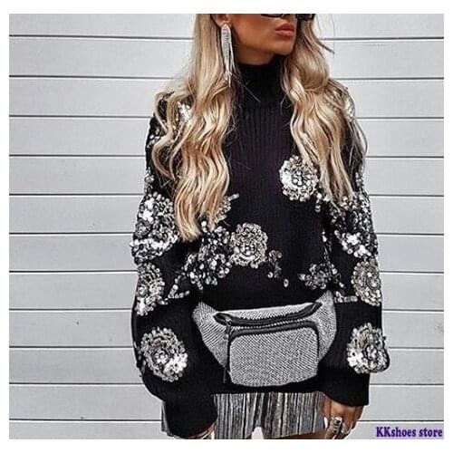 2020 Women Sequined Flower Knitted Sweater Loose Turtleneck Sequins Beading Pullovers Sweater Winter Thick Black Tops