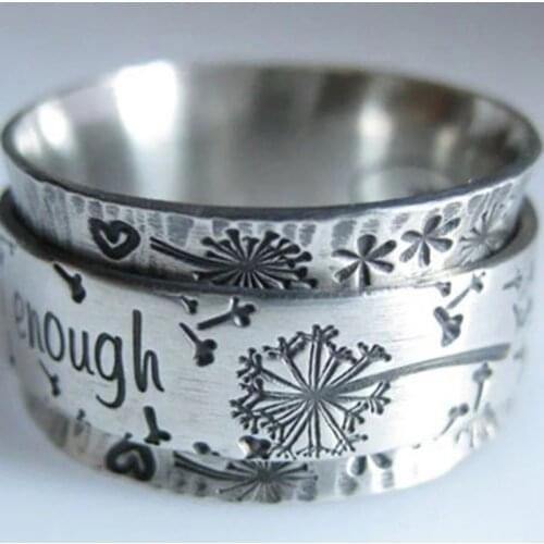 Vintage Silver Color Engraved Dandelion Wide Ring Lettering I am Enough Inspiration Rings for Men Women Punk Party Jewelry Z158