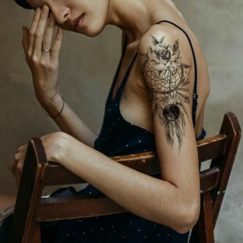 Large Peony Rose Flower Waterproof Temporary Tattoo Sticker Black Feather Crystal Ball Tatto Body Art Arm Girl Women Fake Tatoo