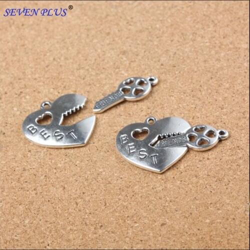 High Quality 10 Sets/Lot 25mm*25mm Antique Silver Plated Key And Heart Best Friend Charms