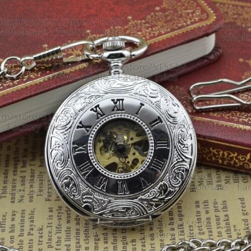 High Quality Roman Silver Hollow Mechanical Pocket Watch Vintage Pocket Watch Men Gift Watch Collection