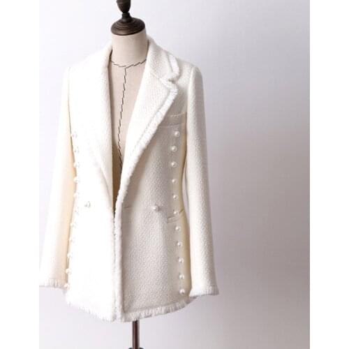 White wool tweed jacket Double-breasted pearl Buckle autumn and winter womens jacket new fashion lapel ladies jacket