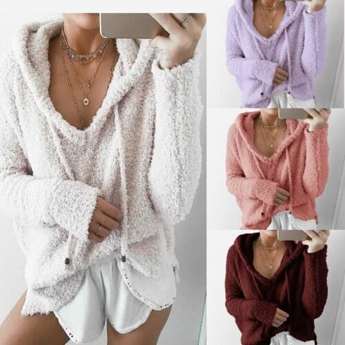 Plus Size Women Sweatshirt Plush Sexy V-neck Hoodies Tops Autumn Winter Warm Long Sleeve Pullover Loose Causal Hooded Tee Shirts