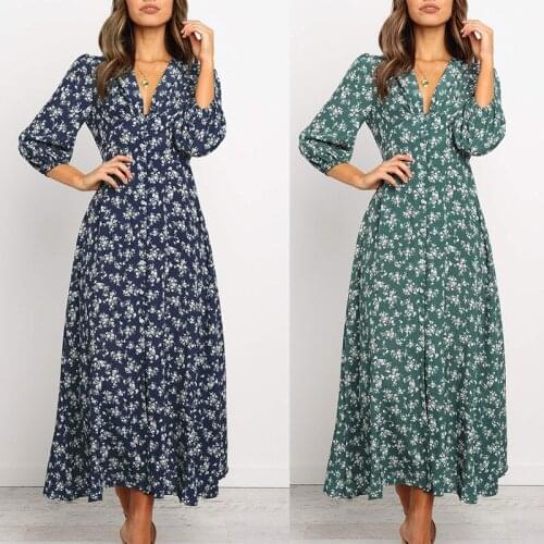 New Womens Dress Vintage Floral Lantern Long-Sleeve Button High Waist Dress V Neck Beach Bohemian Maxi Dress