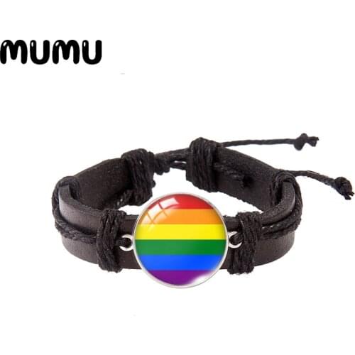 2021 New Bi Pride Flag Leather Bracelet Photo Art Painting Glass Cabochon Bracelets Handmade Jewelry Gifts Men