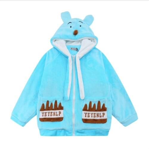2021 New Style Cartoon Bear Lamb Velvet Cotton Jacket Men Winter Plus Velvet Jacket Street Trend Loose Hooded Embroidery Jacket