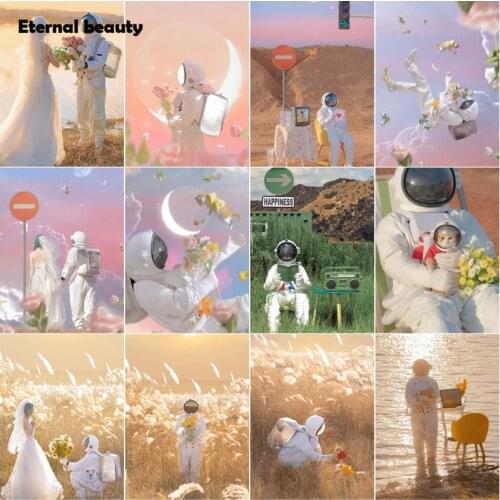 5D Diy Diamond Painting Creative Wedding Photos Cross Stitch Kits Astronaut Proposes To The Beloved Woman Diamond Embroidery Art