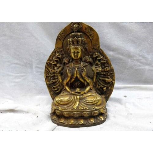 6" China gilt bronze carved beautiful fine Thousands Hands Guanyin buddha Statue