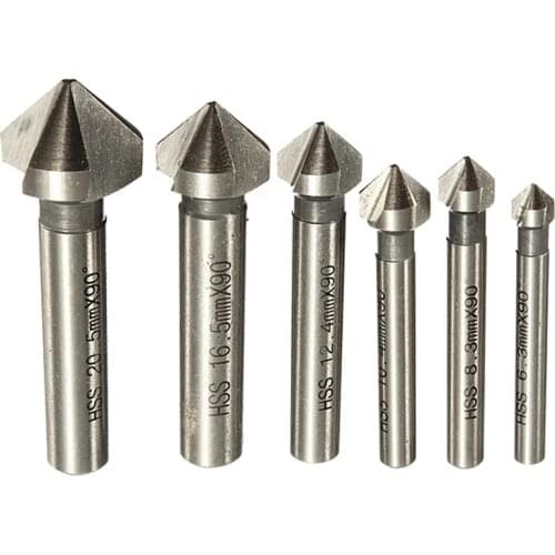 Round shank 6pcs 3 Flute 90 Degree HSS Chamfering Cutter End Mill Tool Countersink Deburring Drill Bit Set 6.3-20.5mm