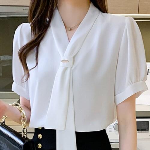 Blouses Tops Women Office Lady White Blouse Short Sleeve Blouse Women Blusas Mujer De Moda 2021 V-Neck Chiffon Blouse Shirt E926