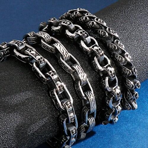 Gothic Skull Heads Bracelet For Men 316L Stainless Steel Skeleton Charm Link Chain Mens Bracelets 23CM Long Male Biker Jewelry