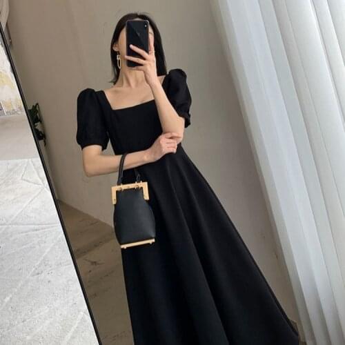 Black Dress for Women 2021 Summer New Ins Tea Dress Temperament Square Collar Overknee Long Hepburn Style Little Black Dress