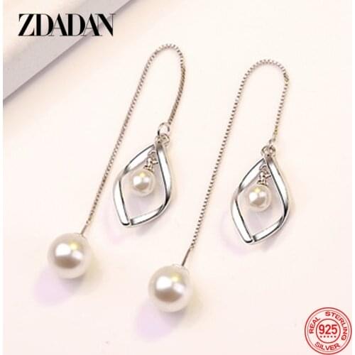 ZDADAN 925 Sterling Silver Twist Pearls Long Chain Dangle Earrings For Women Fashion Wedding Jewelry Gift