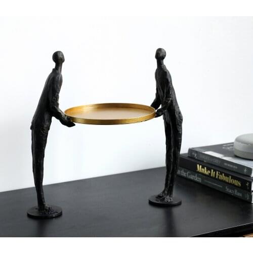 Two Metal Abstract Figures Carrying Golden Plates Statue Sculpture For Home Decor Accessories Modern Art Room Ornaments Figurine