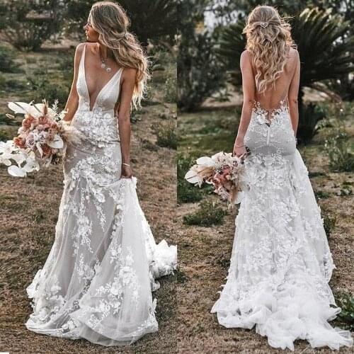 Illusion Lace Appliques 3D Flowers Backless Mermaid Wedding Dresses Sexy Deep V Neck Light Tulle Bridal Gowns