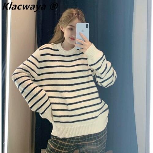 Klacwaya Women Button Crew neck Knit Sweater Striped Long Sleeve Loose Pullover Vintage Harajuku Casual Knitting Spring New Tops