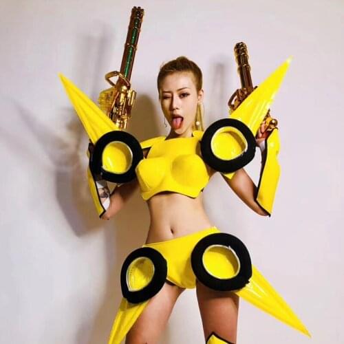 Cool Female Jazz Dance Costumes Nightclub DSDJ Stage Performance Yellow Technology Style Costumes Festival Rave Outfit DWY5084