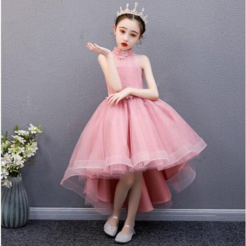 Pink Lace Kids Dresses Flower Girls Teenager Bridesmaid Elegant Beads Princess Wedding Dress Vestido Party Formal Wear