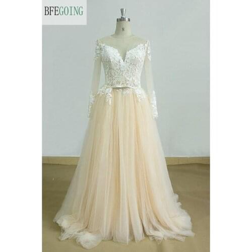 Lace Appliques Scoop Long Sleeves Floor-Length A-Line Wedding Dress Chapel Train Custom Made