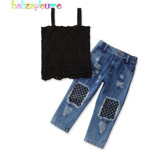 Summer Baby Boutique Clothes Toddler Girl Outfits Fashion Lace Black Sleeveless Vest+Hole Jeans For Kids Clothing Set BC2059-1