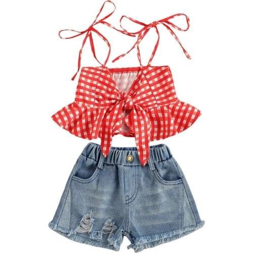 Summer Toddler Clothing Kids Girls Sleeveless Plaid Print Ruffle Bownot Tie Up Tops Ripped Denim Shorts 2pcs Outfit Clothes Sets