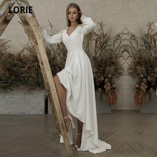 LORIE Short Front Long Back V-Neck Lace Soft Satin Long Sleeves Wedding Dresses White Ivory Buttons Decoration Bridal Dress