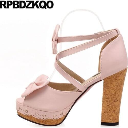 Platform Bowtie Women Sandals 2018 Summer Big Size Ankle Strap Block Bow Lolita High Heels Pumps Strappy Pink Shoes Peep Toe