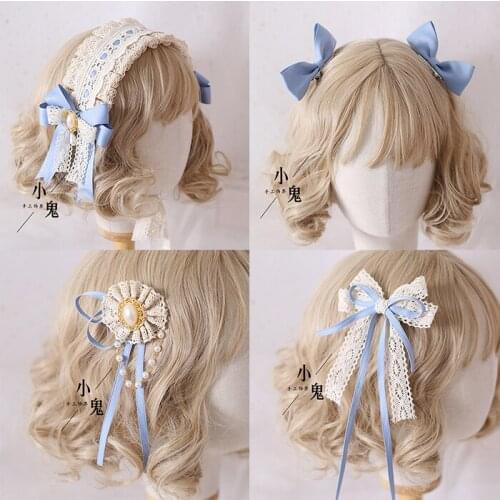 Original Lolita Lace Bow Headband Sen Xi Headdress Lolita KC Headband Humanoid Division Gray-Blue Small