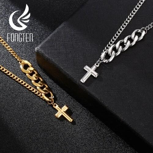 Fongten Choker Single Titanium Scripture Cross Necklace Stainless Steel Retro Prayer Link Chain Necklaces Mens Jewelry