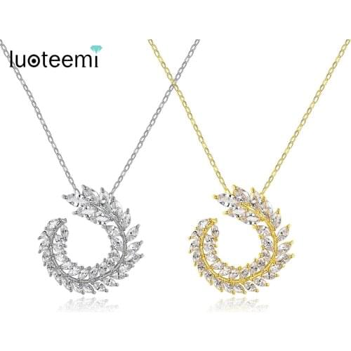 LUOTEEMI New Design Leaf Necklace for Women Wedding Party Paved CZ Exquisite Gold or White Gold Fashion Jewelry Korean Gift
