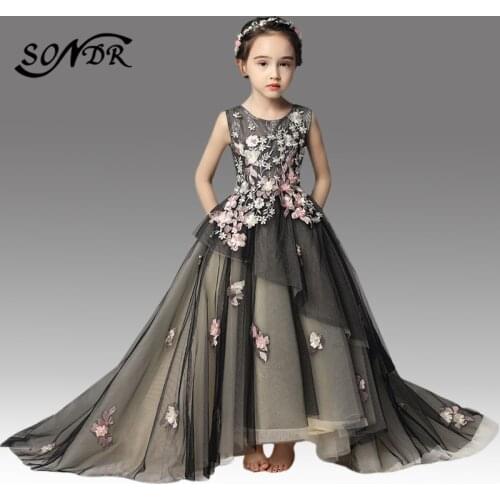 Flower Girl Dress With Train HT051 Luxury Appliques Peals Flower Girls Dresses O-neck Backless Formal Gowns for Girl Kids