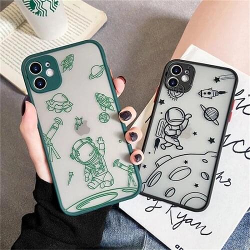 Cartoon Astronaut Transparent Phone Case For iPhone 11 12 Pro X XR XS Max 7 8 Plus 12 Mini SE 2020 Solid Matte Shockproof Cover