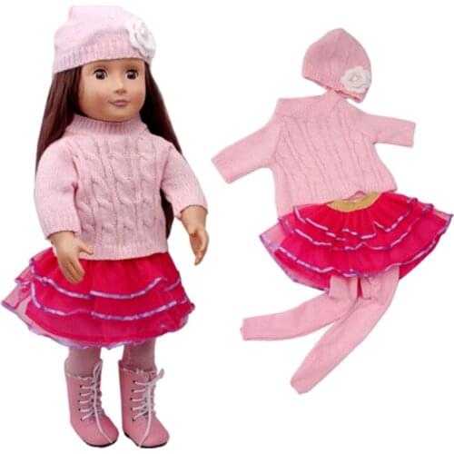 Pink sweater lace dress and legging pants cap 4 in 1 set for 18 inch baby doll, also fit for 43cm baby dolls