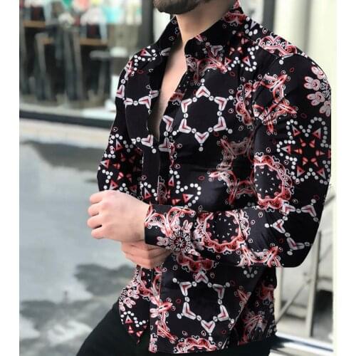 Summer Men Long Sleeves Floral Printed Shirt Office Business Mens Lapel Buttons Slim Shirts for Casual Streetwear 2021 Fashion